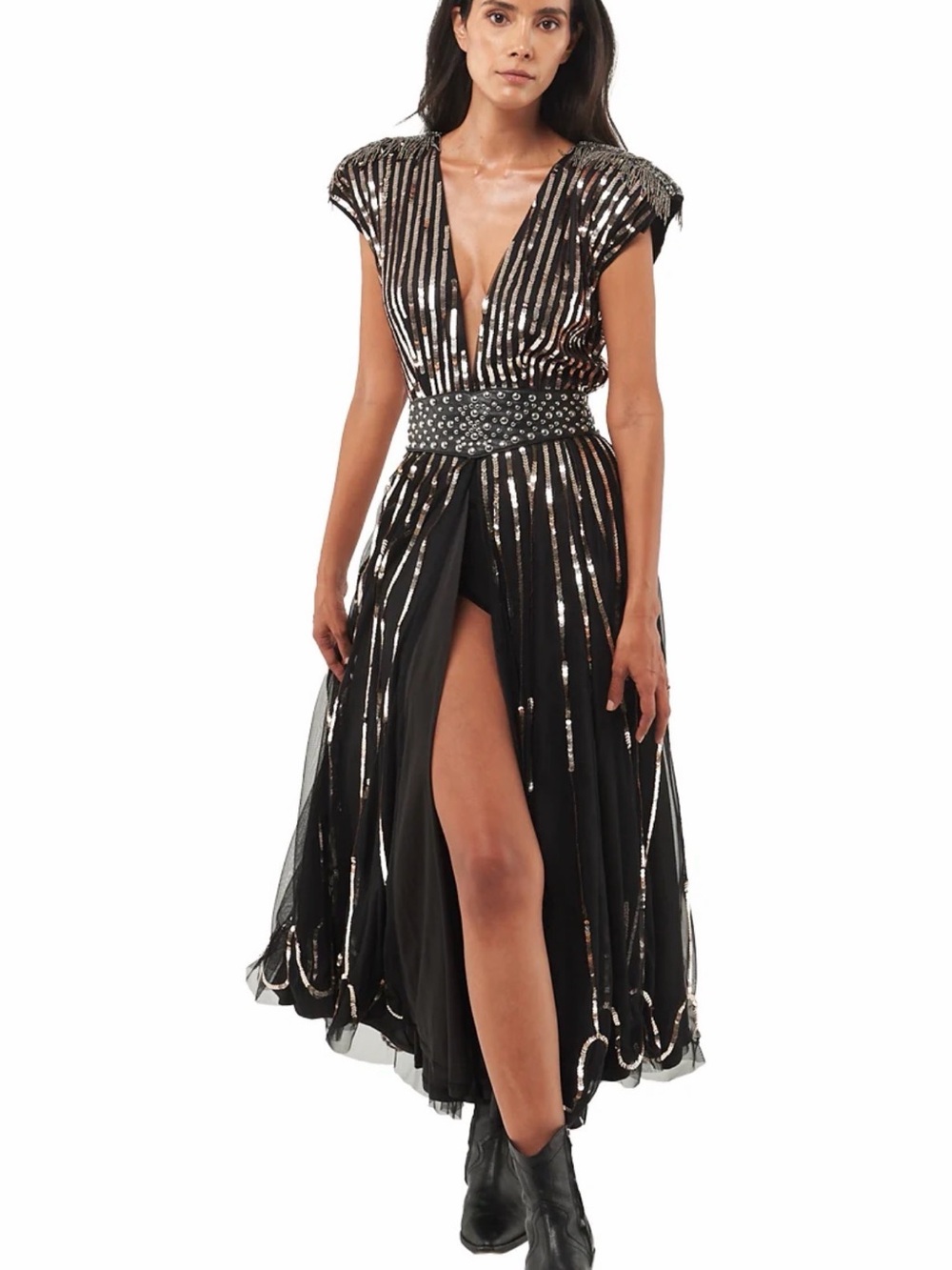 Black Sequin-Striped High-Low Dress